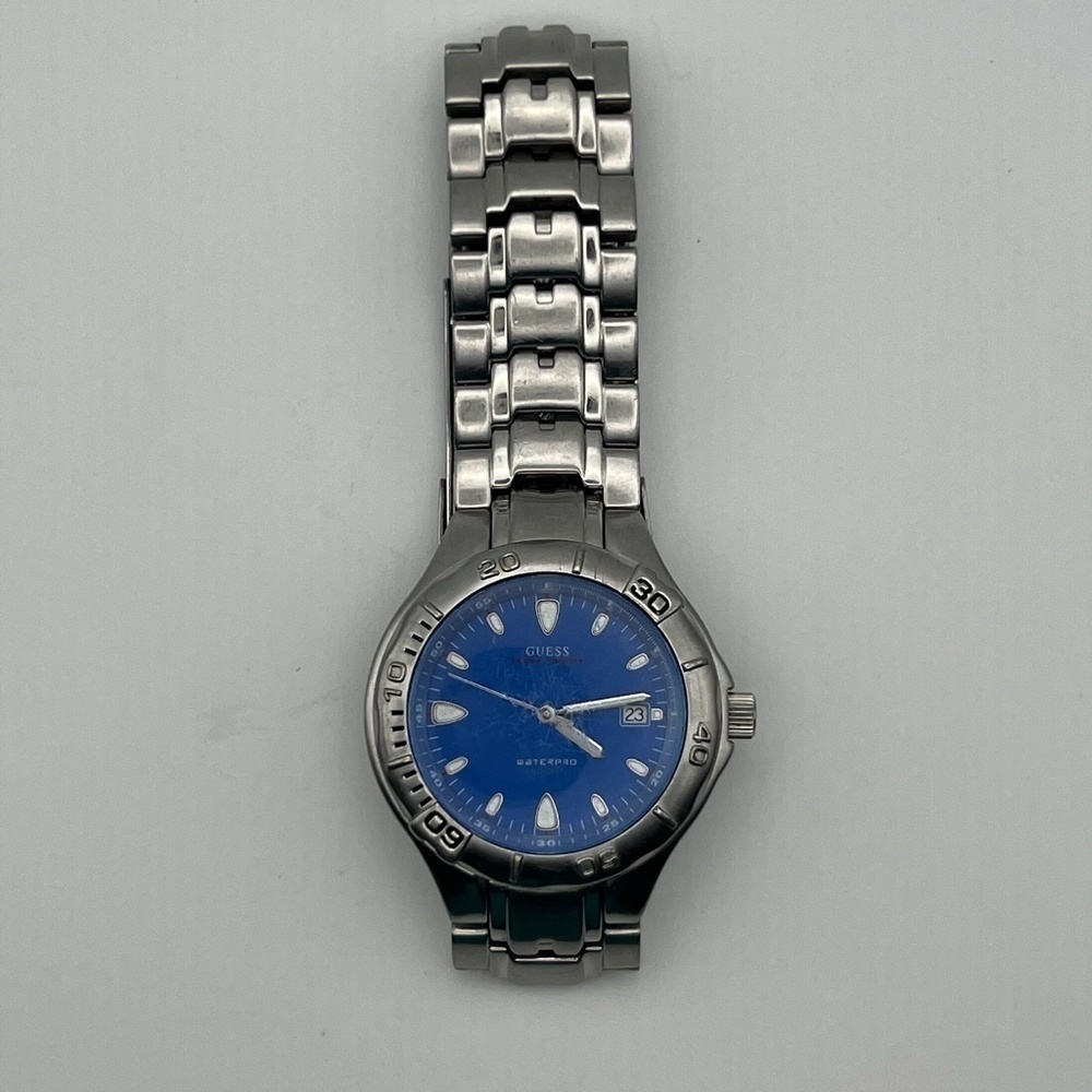 Vintage Guess Unisex Waterpro Indiglo Silver and Blue Watch Working